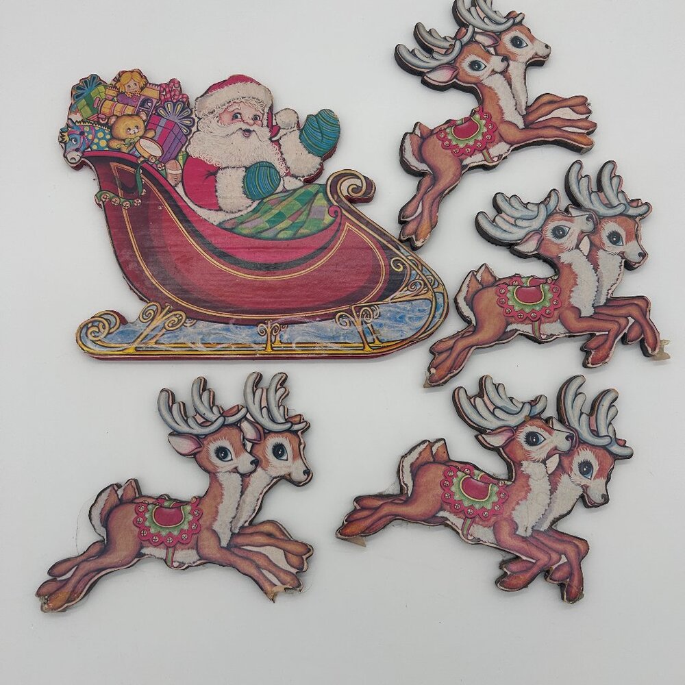VTG Beistle Santa Sleigh & Reindeer Christmas Die Cut Decoration ON‎ WOOD